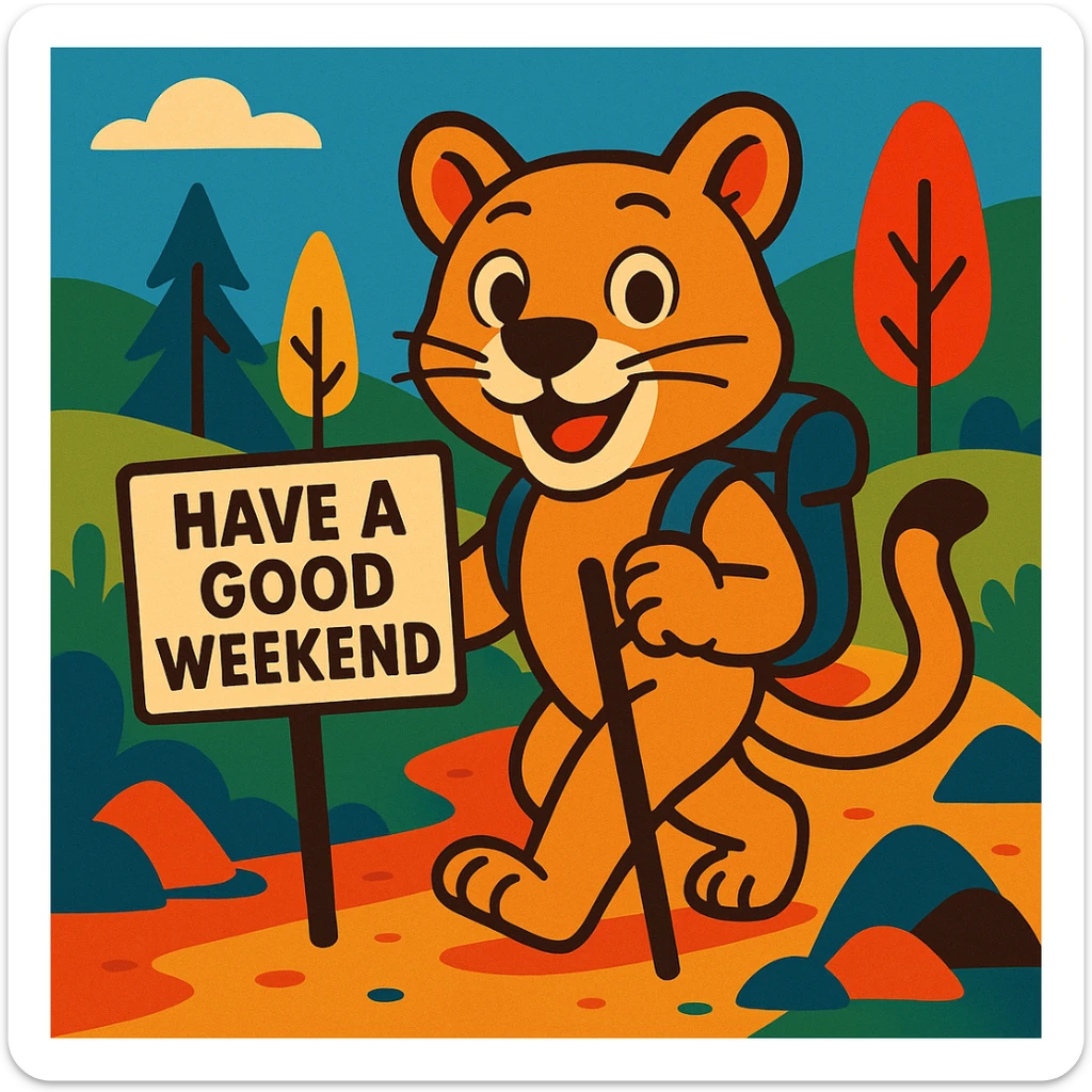 a cute cougar on a hiking trail, holding a sign that says 'Have a good weekend', in a colorful, modern illustration sticker
