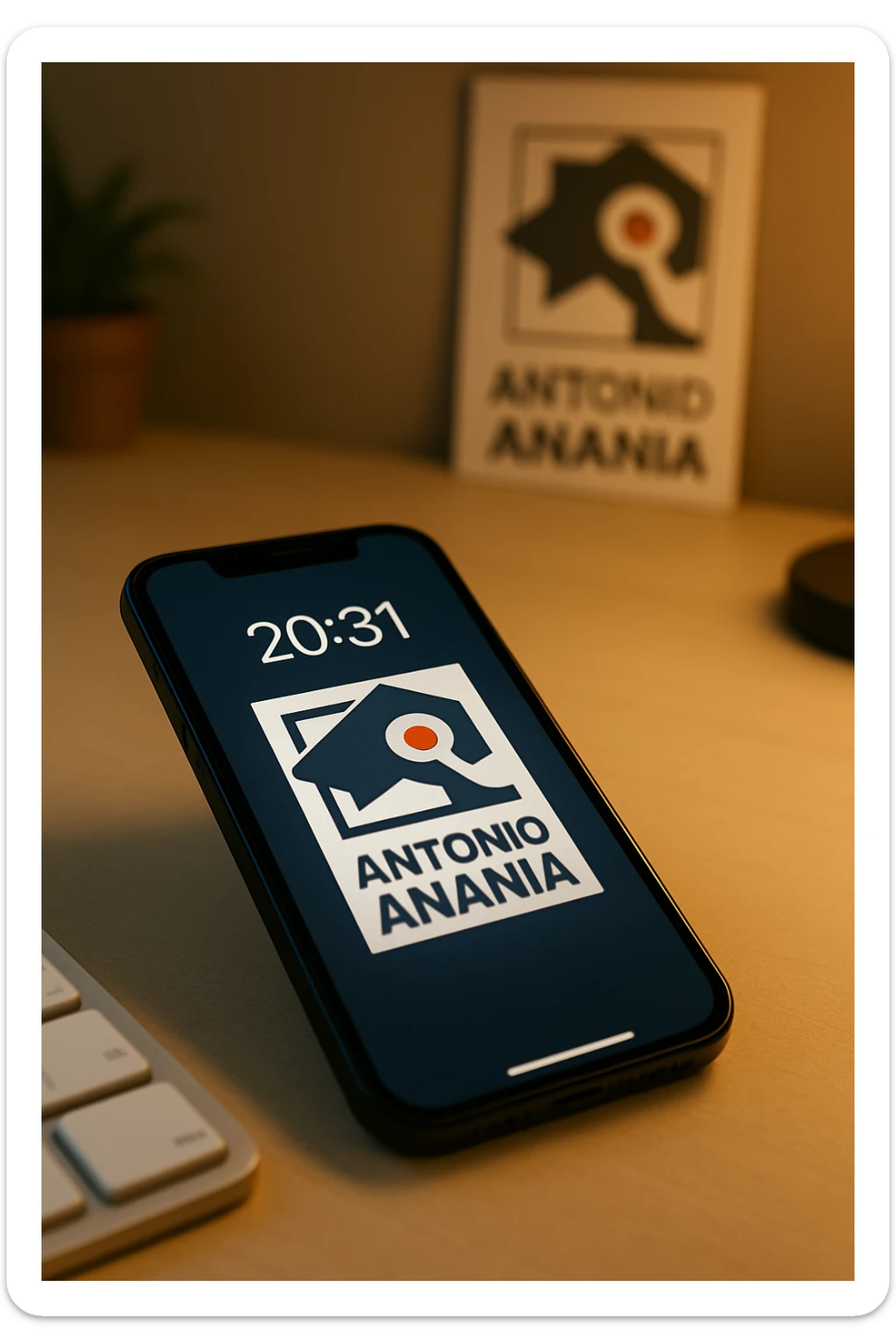 A photo of an iPhone on the desk with the message "Antonio Anania" on its screen, The phone sits atop a desk with a blurred background that suggests work environment. A faint glow from above casts gentle shadows across the surface of each object, creating depth and highlighting their textures sticker
