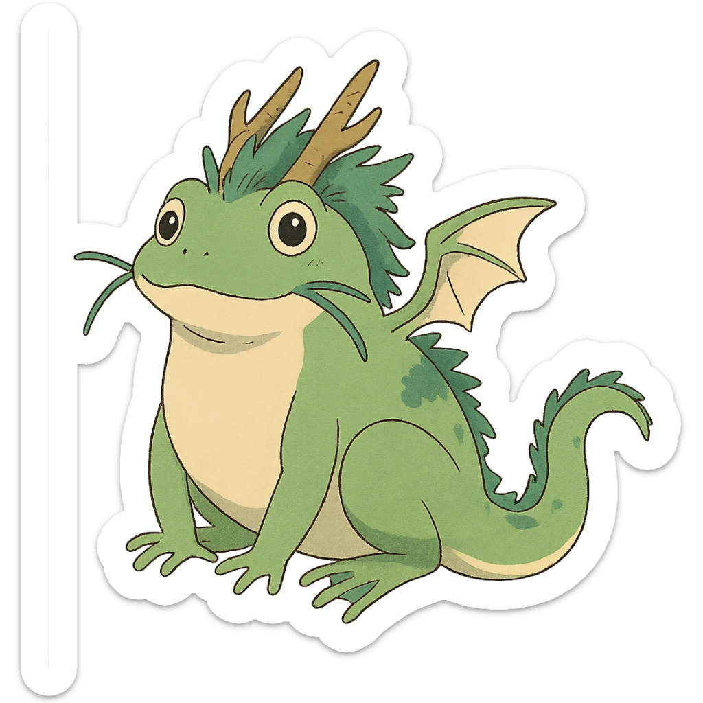 ghibli-inspired style of a dragon and frog fused together, cute and whimsical sticker