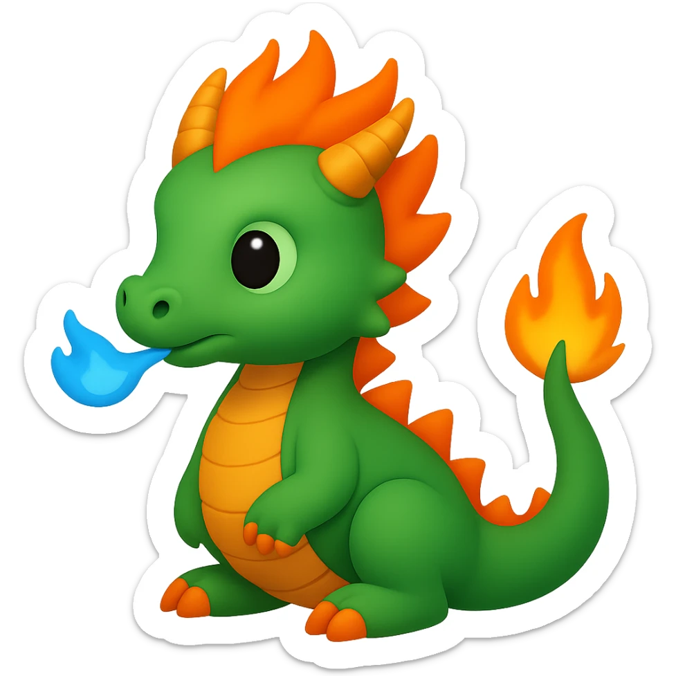 Make the baby dragon breathing a tiny flame blue in the style of Apple emojis with no background. Preserve the original Apple emoji style and details. sticker