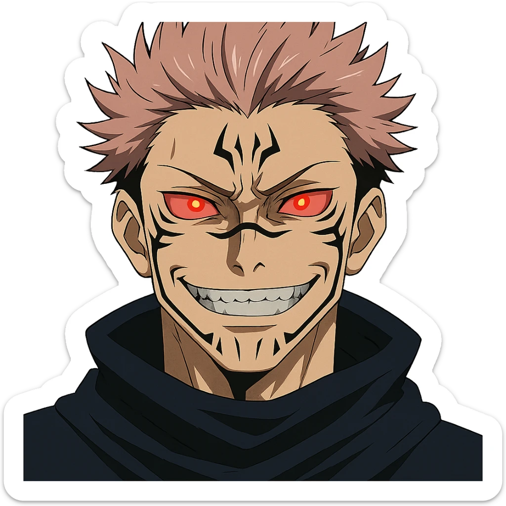 Ryomen Sukuna close-up, sinister smile, glowing red eyes, facial tattoos, anime style sticker