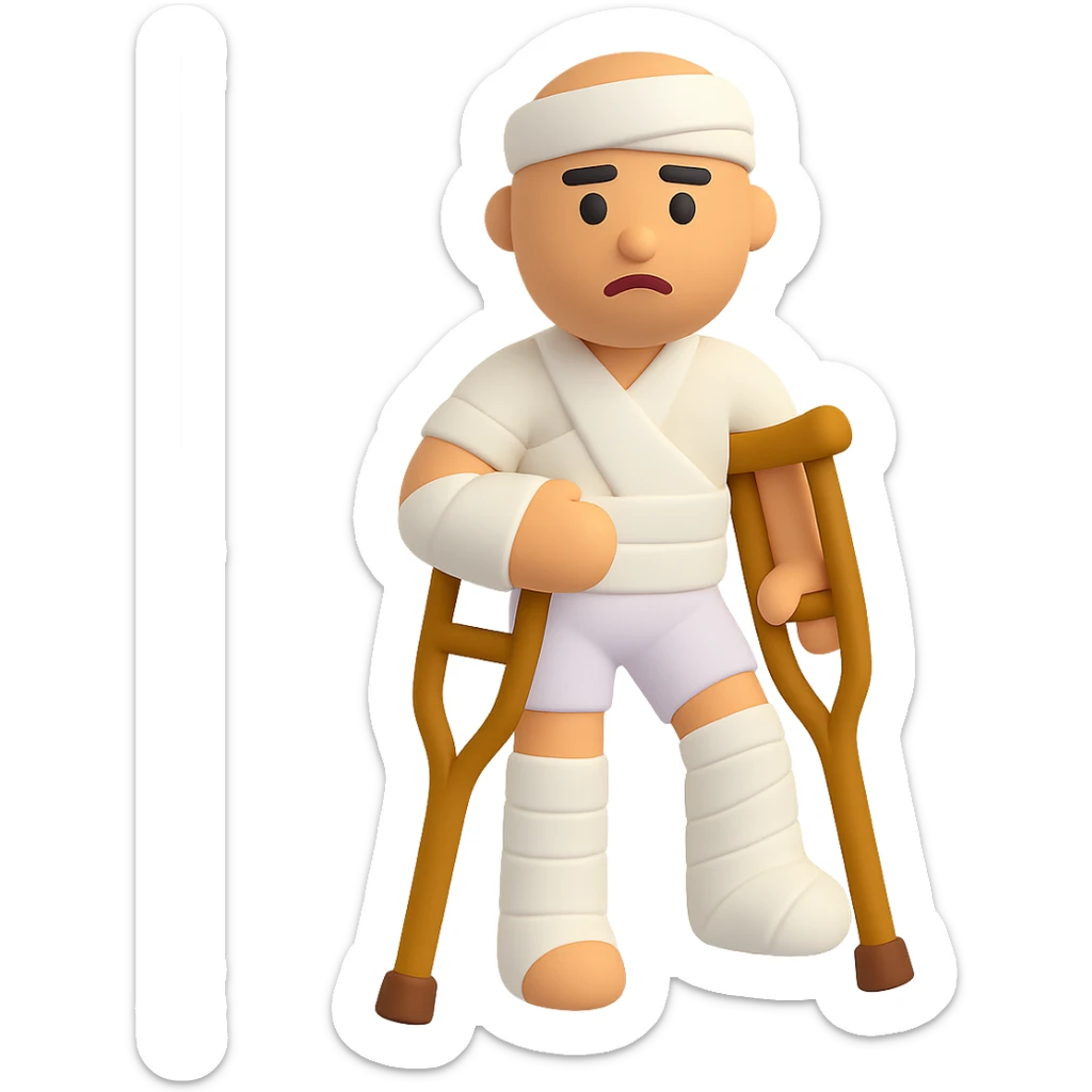 Add crutches and show more bandages on the injured man in the style of microsoft 3D fluent emojis. Keep the 3D emoji style with no background. sticker