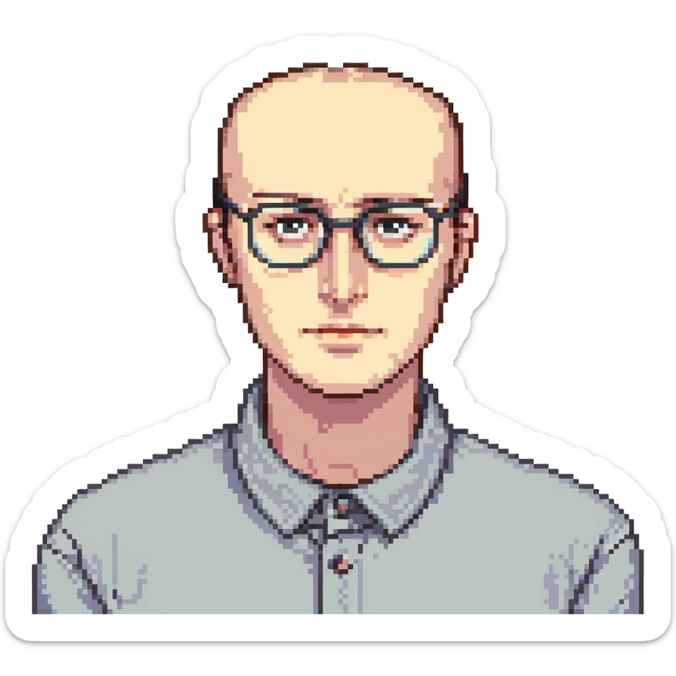 A man with an oval-shaped head, big forehead, receding hairline, dark hair, big dark eyebrows, long nose, wearing clear eyeglasses sticker