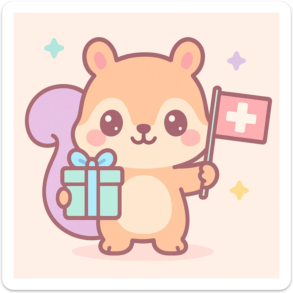 squirrel holding a gift in one hand and a Swiss flag in the other, kawaii style sticker