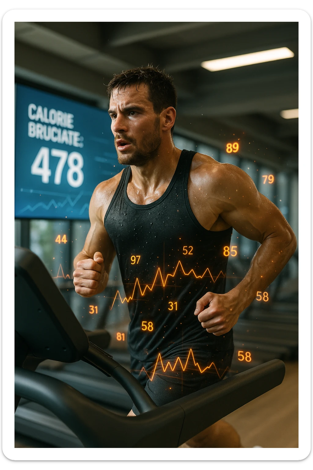 Uomo atletico su tapis roulant in palestra, visibilmente sudato, in piena corsa. Sullo sfondo uno schermo digitale che mostra 'Calorie bruciate: 478'. Intorno al corpo dell’uomo si vedono numeri fluttuanti e grafici energetici, come se si stessero misurando in tempo reale le calorie consumate. Atmosfera dinamica, luce intensa da palestra, sensazione di movimento e impegno. IN ITALIANO sticker
