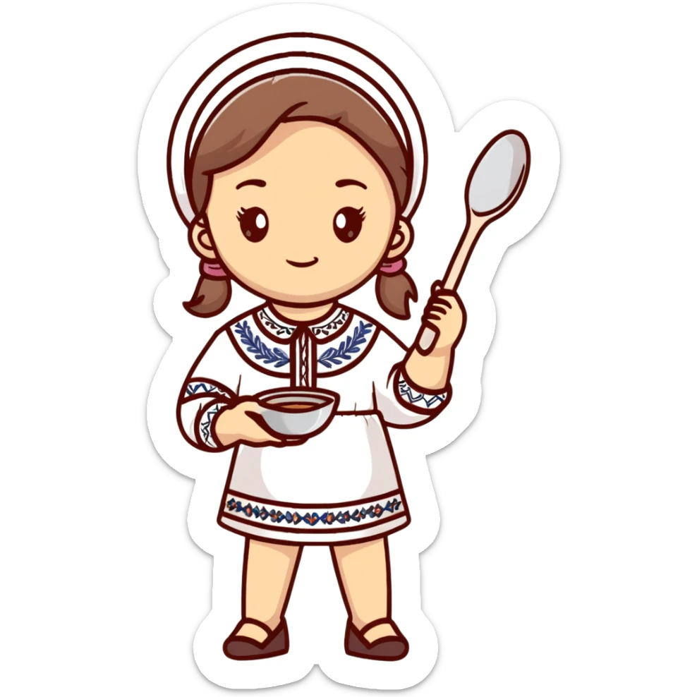 Ukrainian young girl in a white embroidered traditional shirt holding cooking tools like spoon and ladle sticker