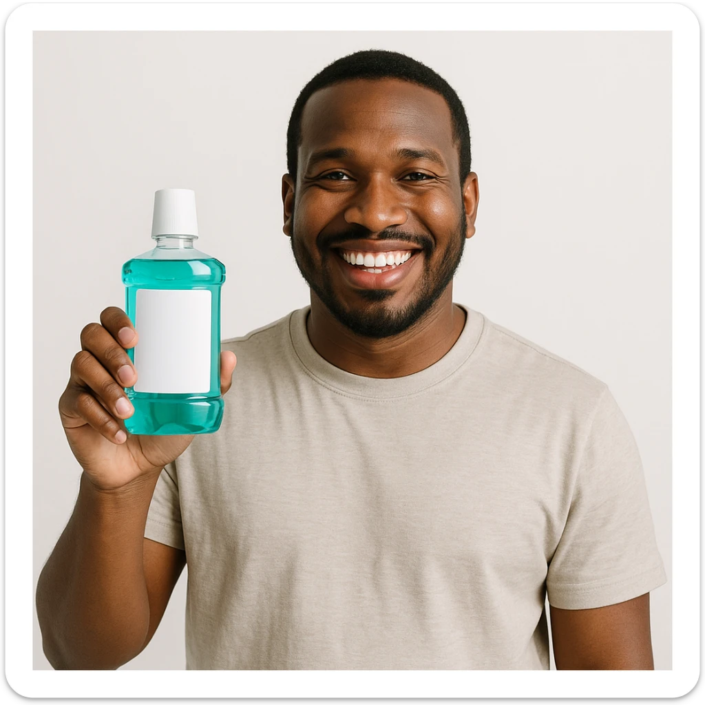 A smiling Black man with a bottle of mouthwash in his hand, casual pose, clean background. sticker