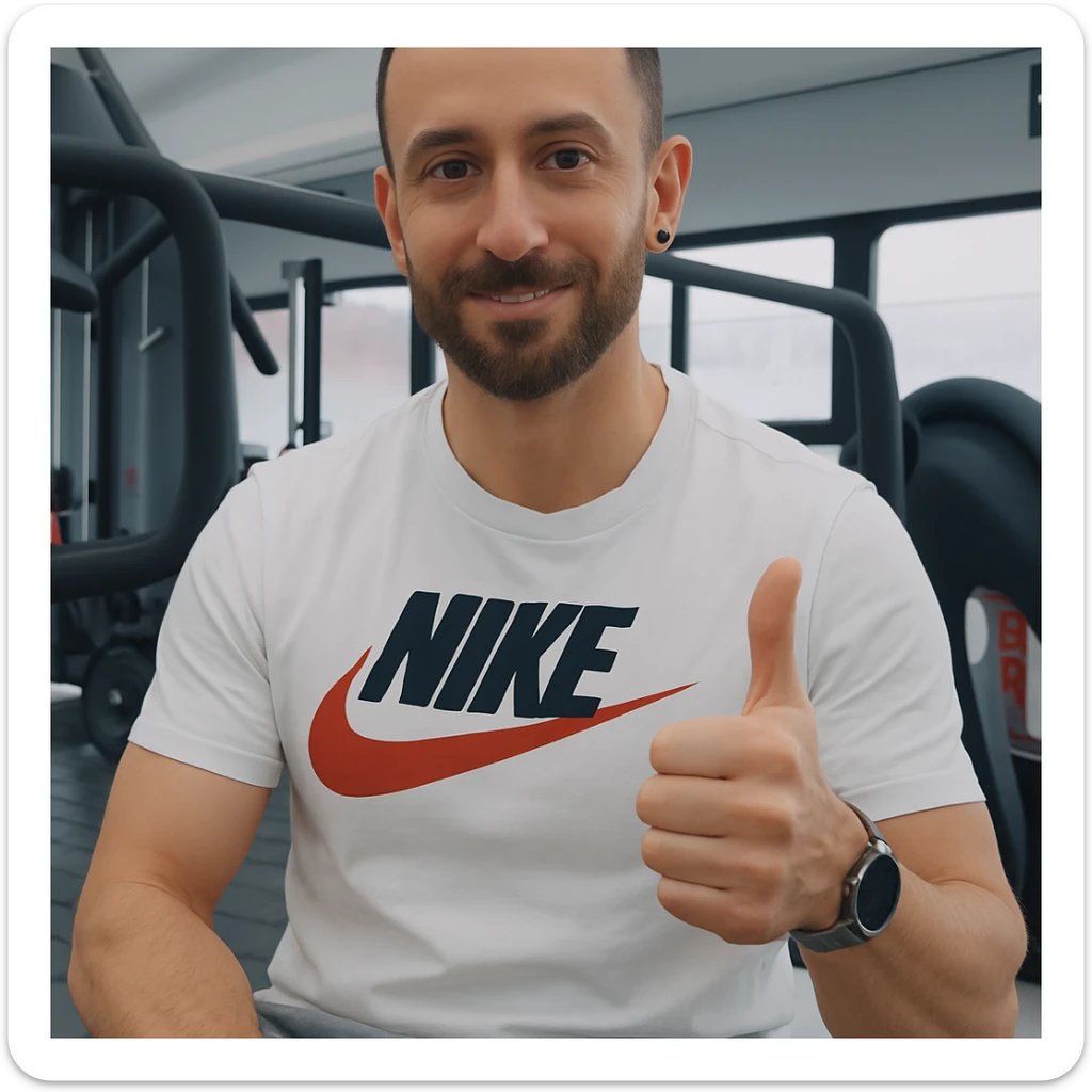 The man in the photo is making the OK gesture with his thumb up, showing an expression of approval, in a gym environment, photorealistic style. sticker