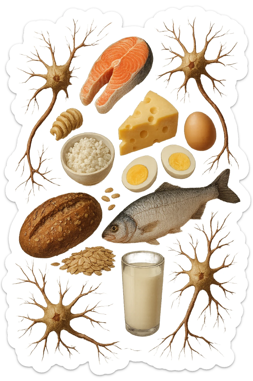 carne, pesce, uova, latticini, cereali integrali fluttuano in aria insieme a neuroni umani anatomici realistici, iperrealistici 4k sticker