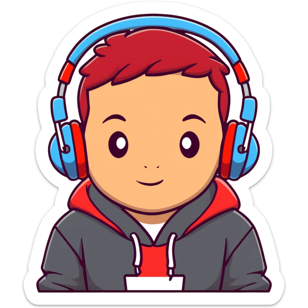 young boy with red hair, wearing headphones and a hoodie with 'woojuo' printed on the chest, cartoon cute style sticker