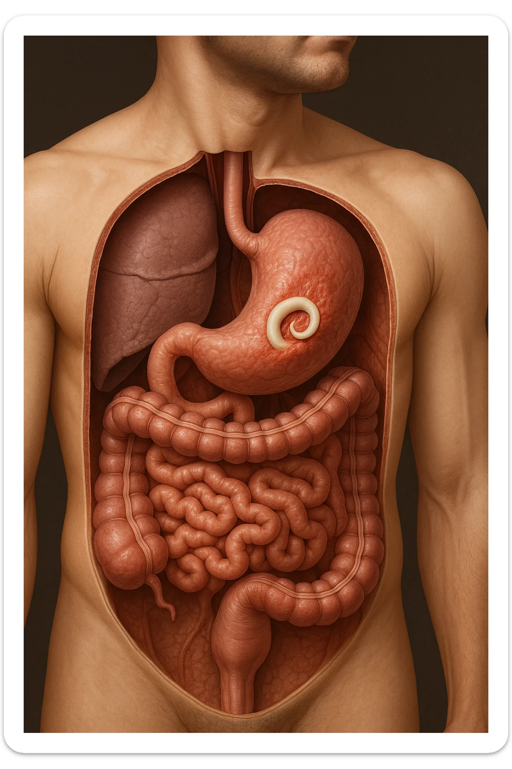 a 3D cutaway view of the human digestive tract, showing an Anisakis larva attached to the stomach or intestinal wall. in a man sticker