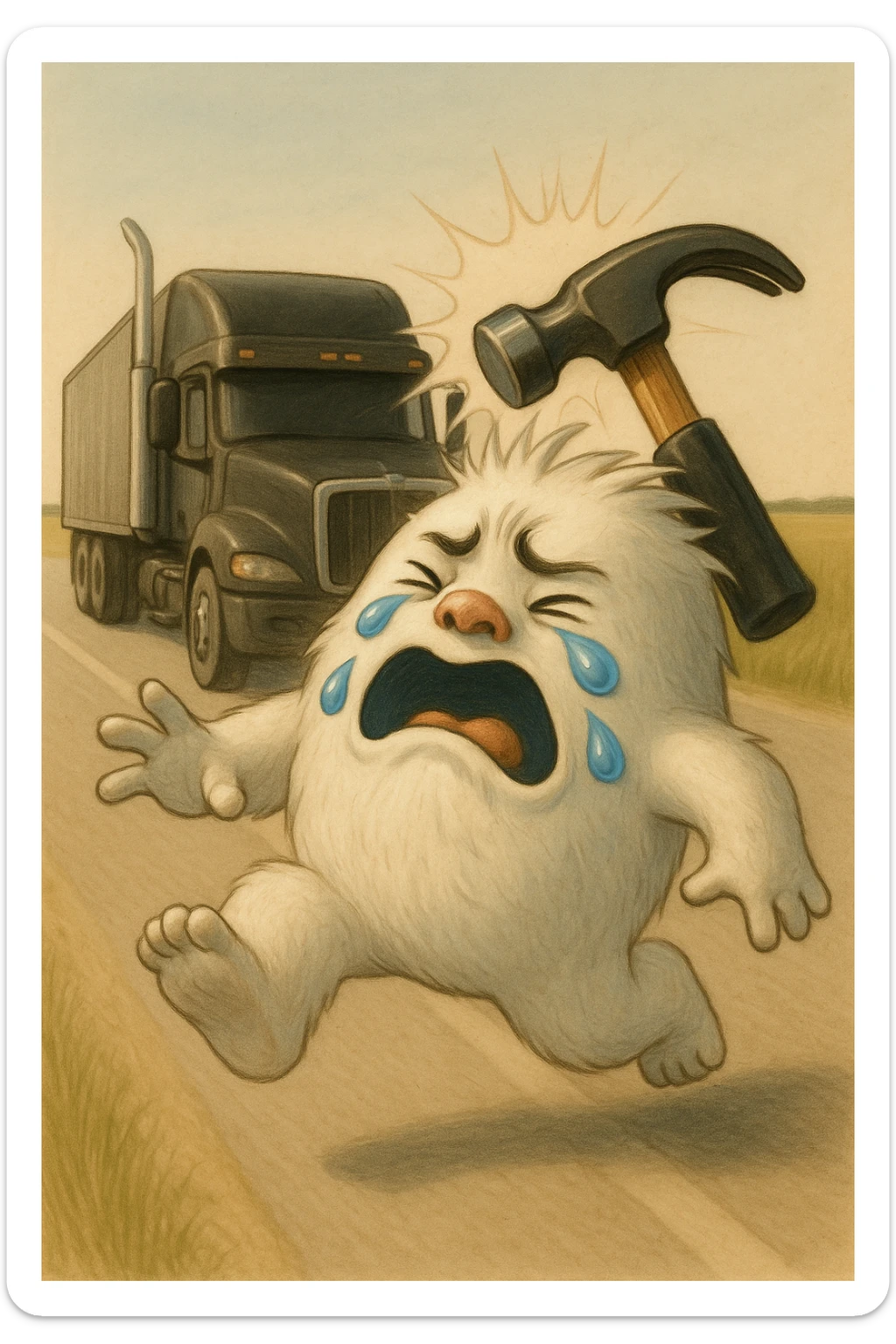 Make the semi truck a flattop with tall chrome stacks, keep the side view, truck far behind the abominable snowman, hammer actively hitting the snowman, light and realistic style, no text. sticker