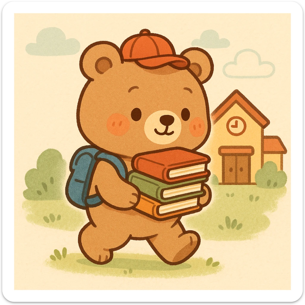 cute bear carrying books, on its way to school, cute style sticker