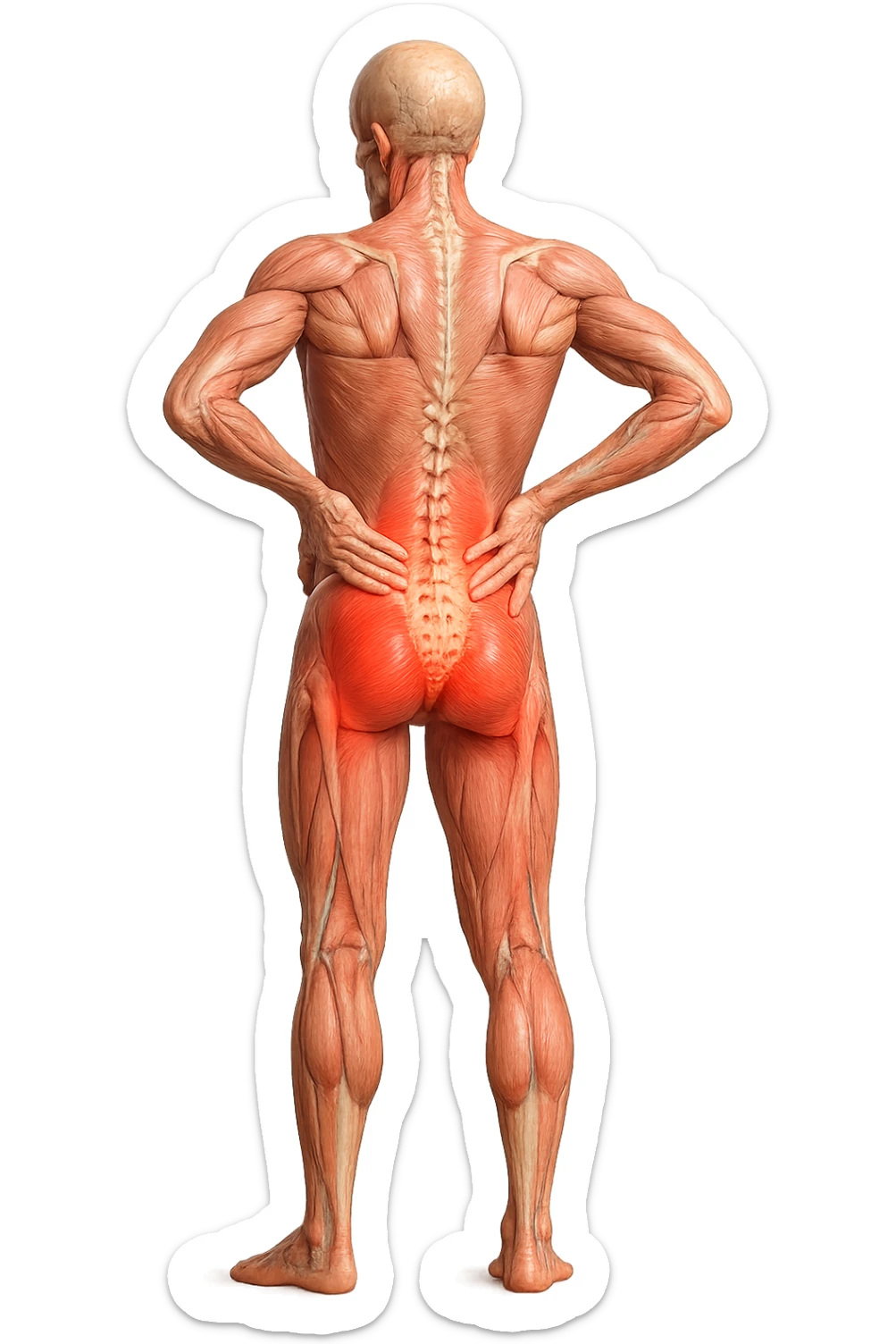 CORPO UMANO ANATOMICO A FIGURA INTERA REALISTICO DI SPALLE CON DOLORE ALLA LOMBARE INFIAMMATA, DOLORE ALL'ANCA, IPERREALISTICO 4K sticker