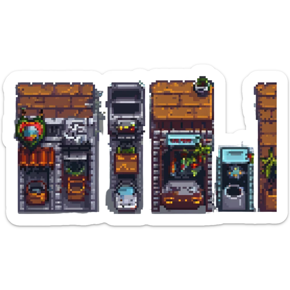 Wide pixel art background of a dark Gotham City street. Empty road with sidewalk, flickering lamppost casting light, trash bins nearby, distant shadowy silhouettes. Tall buildings in the background, moody atmosphere, subtle rain or fog. sticker