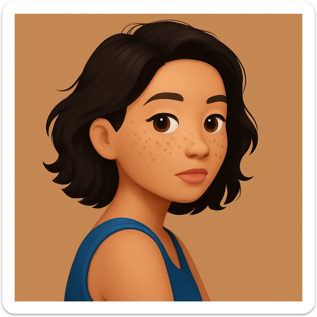 turn the second man in emoji style of the 1st image, match the facial features and match dressing style of the 2nd image, she is wearing blue tank top lose, side pose sticker