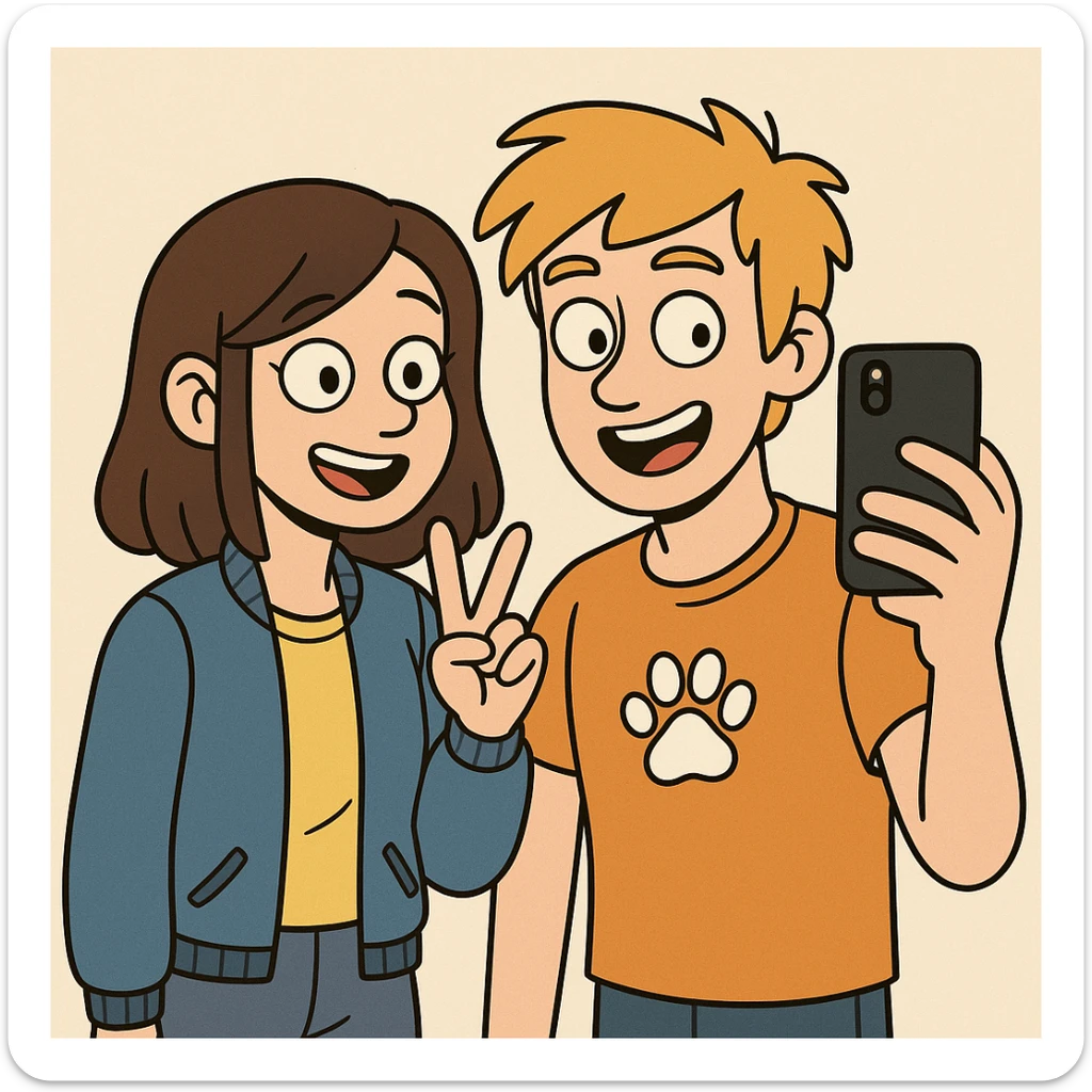 A girl yellow t-shirt blue girls bomber jackets ✌️A boy dark yellow hair Orange T-Shirt white dogs paw 🤳 sticker