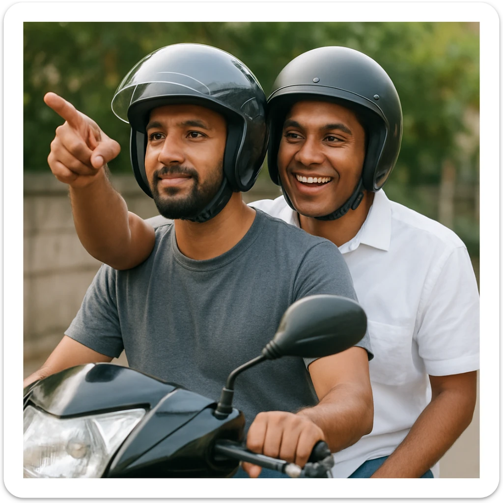 two men sitting on a bike, both wearing helmets, the man behind the driver wearing a white shirt and pointing a finger, both with brown skin tone sticker