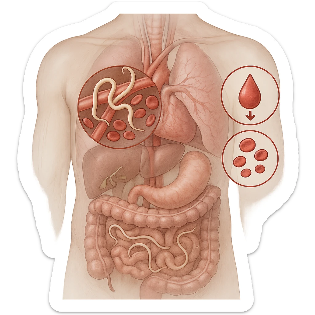 realistic transparent abdomen focusing on hookworms near blood vessels, visible reduction in red blood cells, anemia symbols, other parasites present, medical style sticker