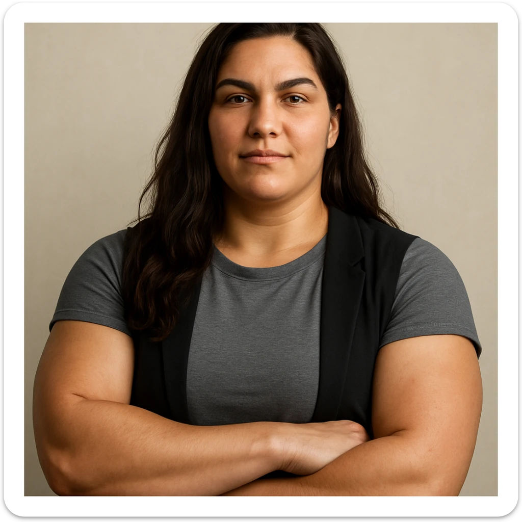 kräftige Frau mit langen braunen Haaren, neutraler Hintergrund, Oberkörper, entspannter Gesichtsausdruck, moderne Kleidung sticker