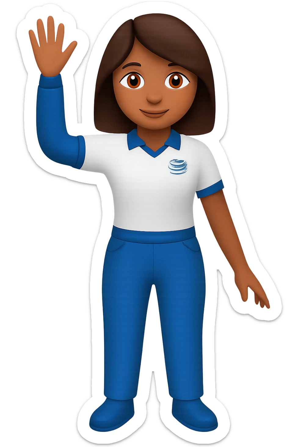 Edit the image of an AT&T inspired woman emoji, full body, waving, in Apple emoji style. Change the hair color to brown. Keep the blue and white color scheme. Remove the background to transparent. sticker