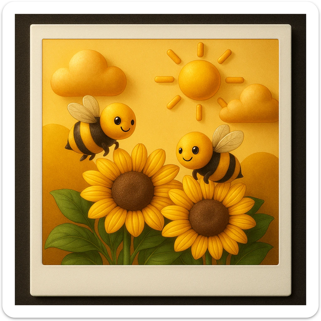 3D iOS style emoji of sunflowers with bees, a sun, and clouds in the background, mimicking the colors and composition of the reference image, add more details, add a polaroid frame sticker