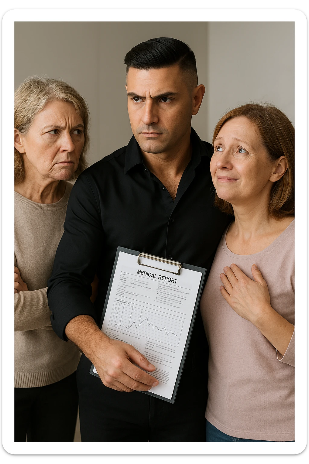 Middle-aged man standing between his menopausal wife and critical mother-in-law, body language shielding her, medical reports in hand proving her symptoms are real sticker