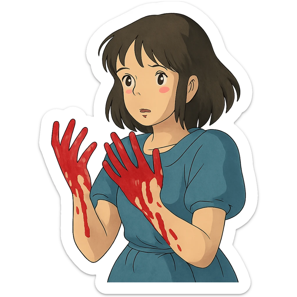 ghibli style illustration of a woman with blood on her hands sticker