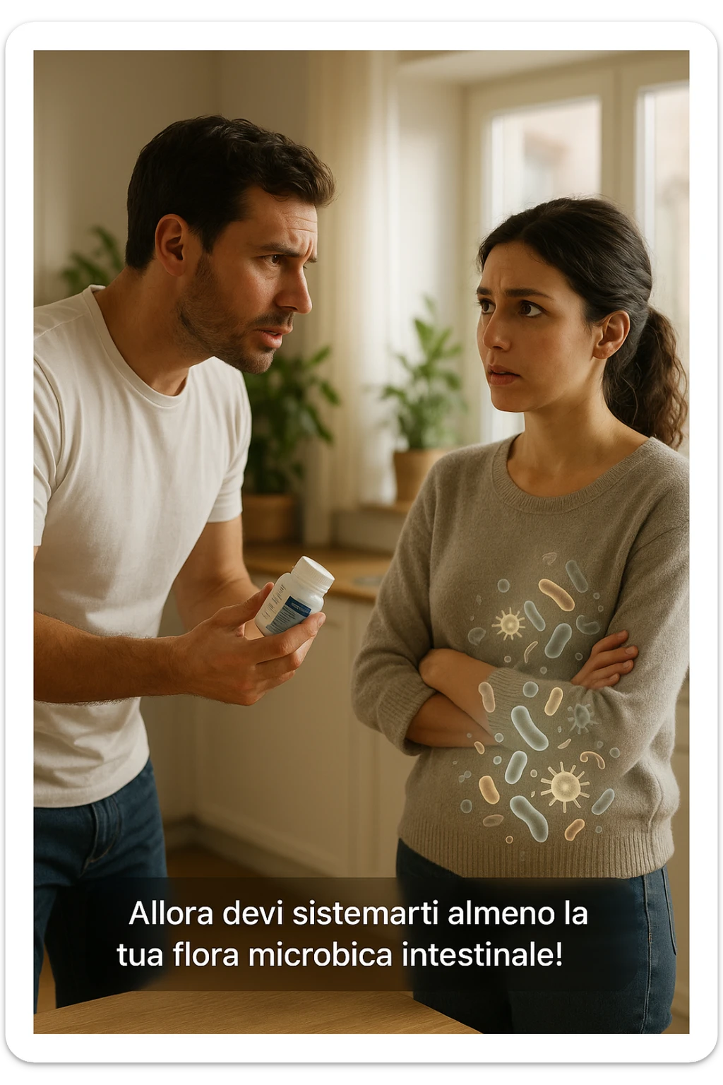 A hyper-realistic, cinematic photo of a young couple in their early 30s having a tense but calmer discussion in a bright modern kitchen. The man, fit, wearing a plain white T-shirt, holds a small probiotic supplement bottle in one hand, leaning slightly forward with a concerned yet firm expression, saying: 'Allora devi sistemarti almeno la tua flora microbica intestinale!' The woman, with dark hair in a loose ponytail, wearing a comfortable home sweater, stands with arms partially crossed, looking at him with a doubtful and confused expression, eyebrows slightly raised, lips parted as if about to respond but uncertain. Around them, faint translucent overlays of microscopic gut flora and bacteria symbols swirl softly near the woman’s abdomen, symbolizing the issue of her imbalanced gut microbiome. The kitchen is bathed in warm natural light, with green plants adding a sense of health and life, while the couple remains in sharp focus. The color palette is warm, with soft shadows and shallow depth of field highlighting the emotional tension yet care in the conversation, visually representing the discussion about gut health within the relationship sticker