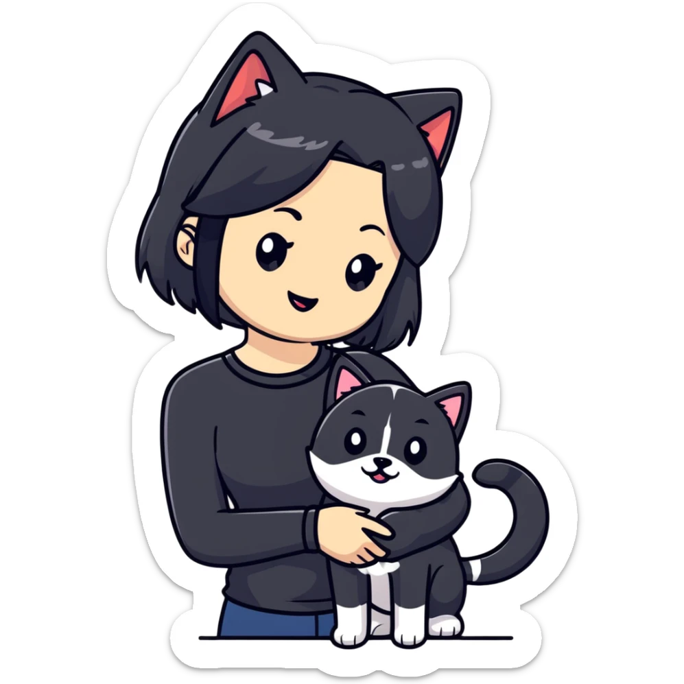 girl with black shoulder-length hair wearing a black tight-fitting top with a calico cat with white mouth and a shiba inu dog sticker