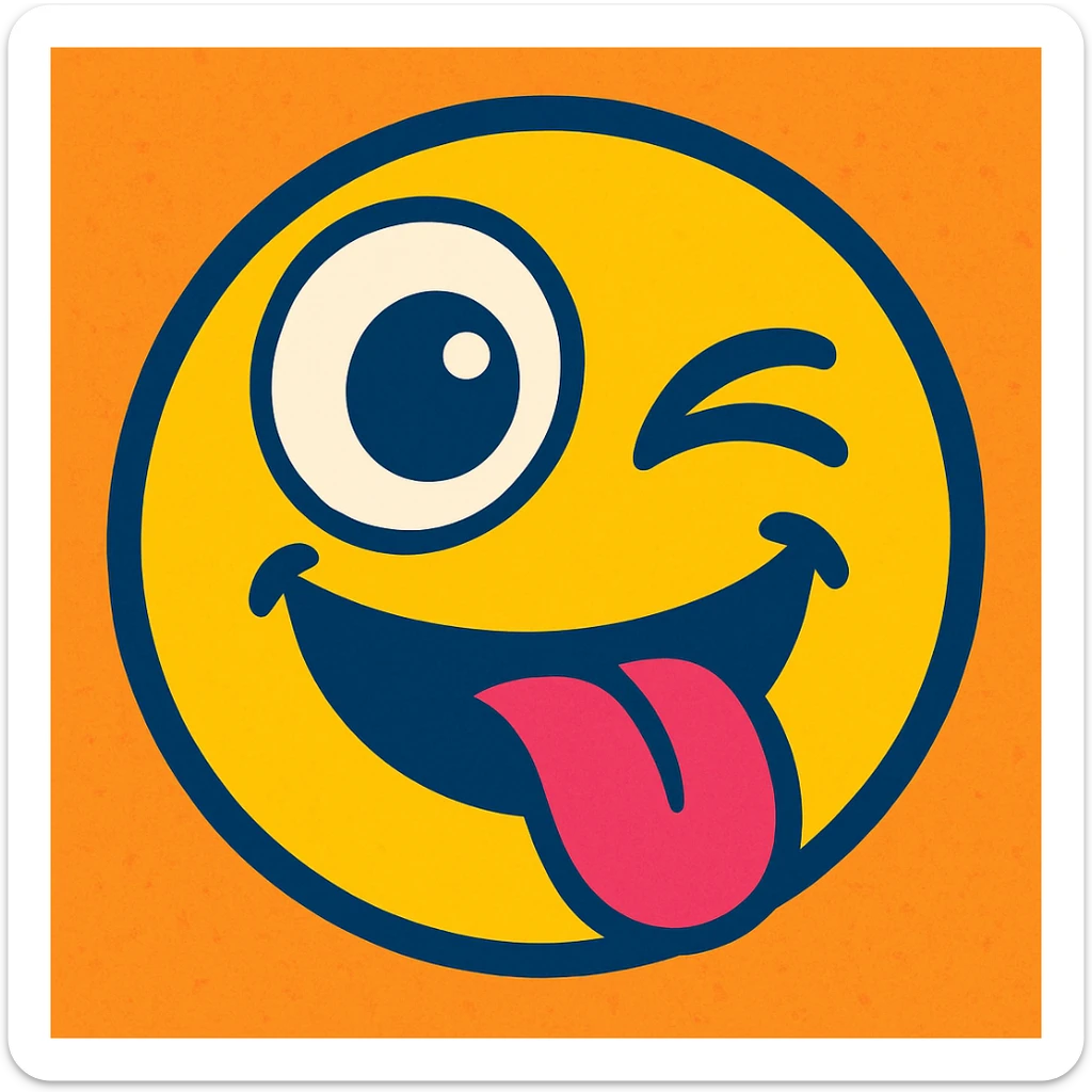 winking emoji with tongue sticking out and one eye exaggeratedly large, vibrant toon style sticker