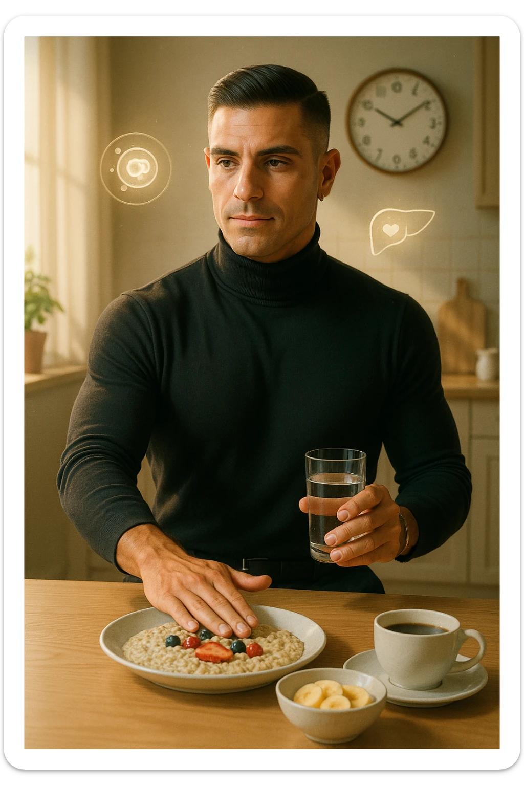 A realistic, cinematic illustration of a man in his early 30s with a fit, healthy appearance, standing in a bright kitchen in the morning. The kitchen table has a prepared but untouched healthy breakfast (oatmeal, fruit, coffee) on it, while the man, with a calm and focused expression, gently pushes the plate away with one hand while holding a glass of water in the other. A wall clock in the background shows 8:00 AM, indicating the morning fasting window, while sunlight streams in, illuminating the scene. Subtle glowing icons of a regenerating cell, a clean liver, and a heart float softly around him, symbolizing the health benefits of intermittent fasting. The atmosphere is clean, minimal, and motivating, showing that the man chooses intermittent fasting consciously for health, clarity, and energy rather than weight loss alone. The color palette is warm, with natural light and a slight film grain for depth sticker