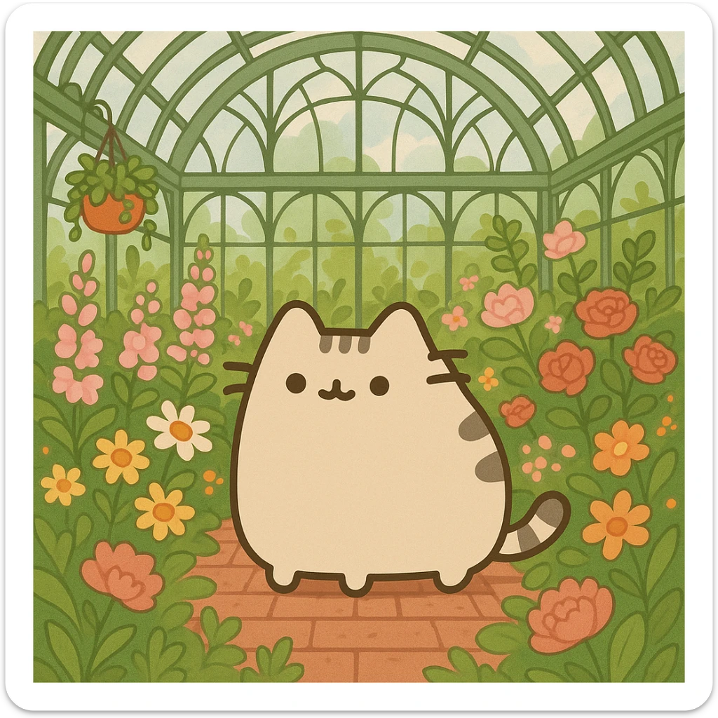 beige pusheen-style kitten in a botanical garden greenhouse filled with flowers sticker