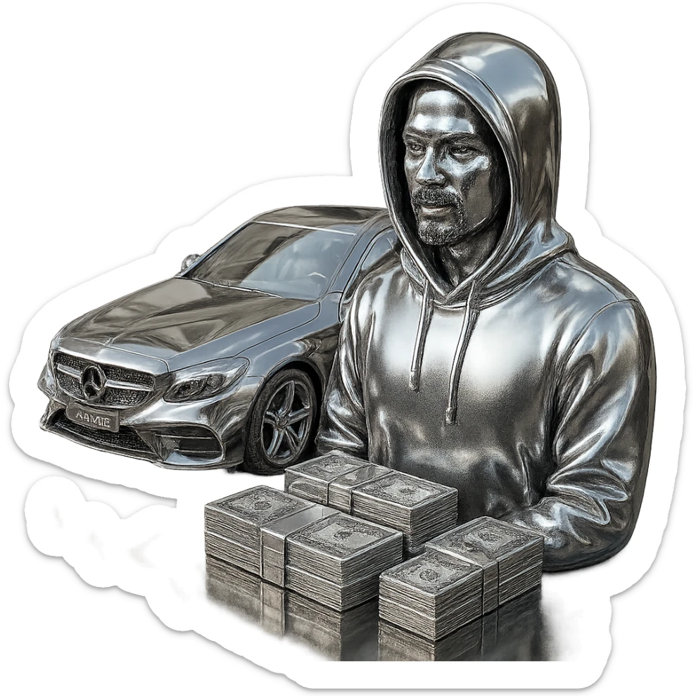Edit the Indian man to wear a hoodie with a chrome hood, keep his goatee, add money on the side, and make the AMG car chrome. Keep the background transparent. sticker