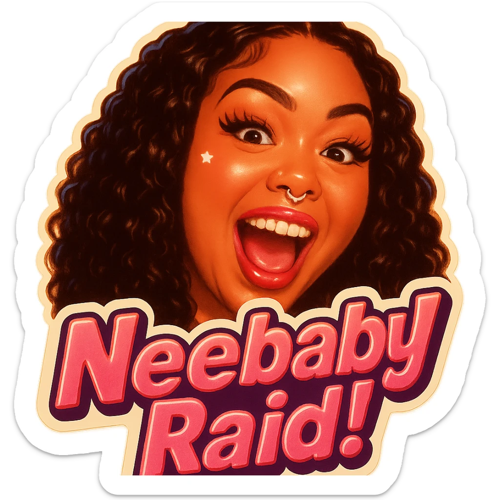 excited 
add the words Neebaby Raid!  in pink  sticker