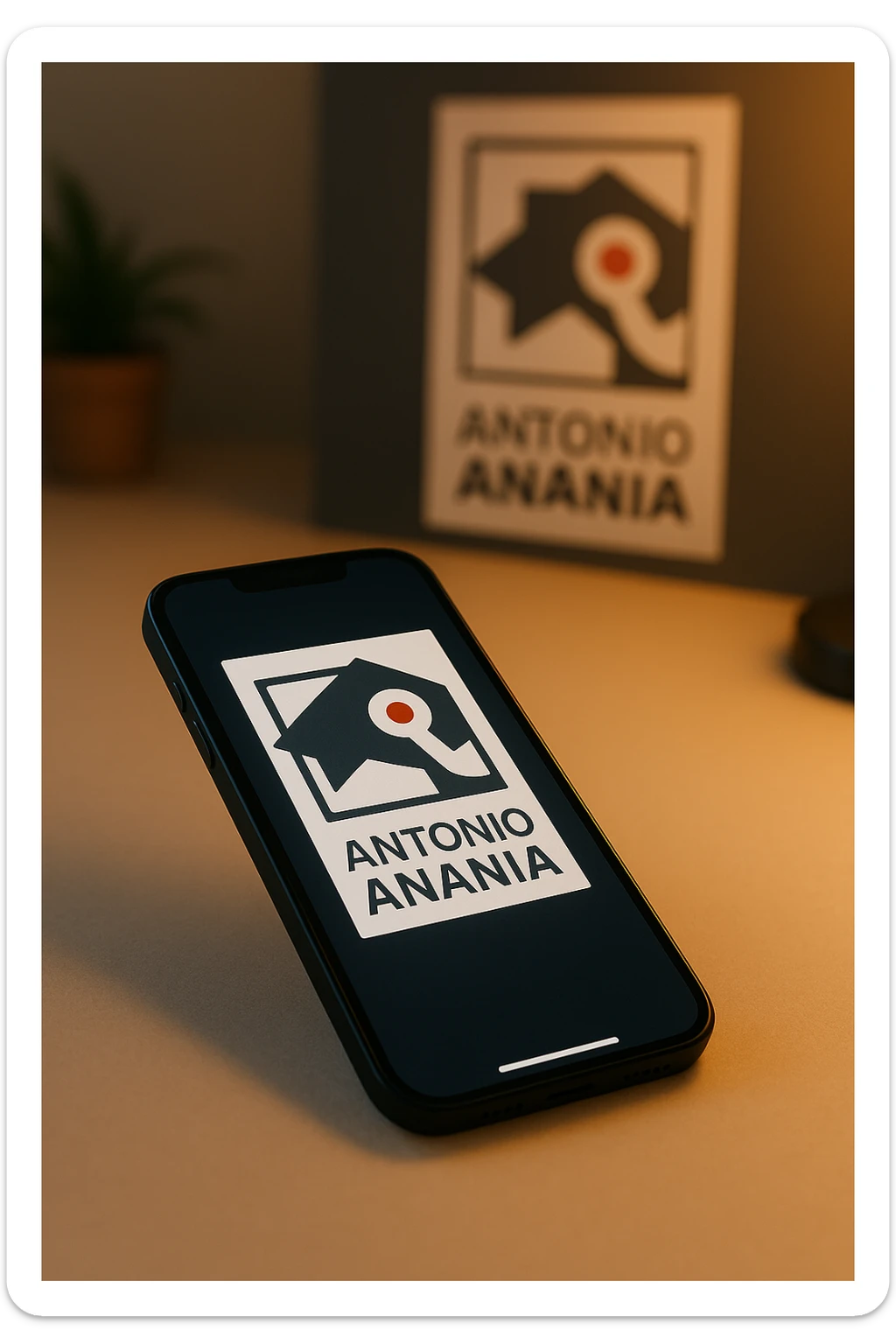 A photo of an iPhone with the message "Antonio Anania" on its screen, The phone sits atop a desk with a blurred background that suggests work environment. A faint glow from above casts gentle shadows across the surface of each object, creating depth and highlighting their textures sticker