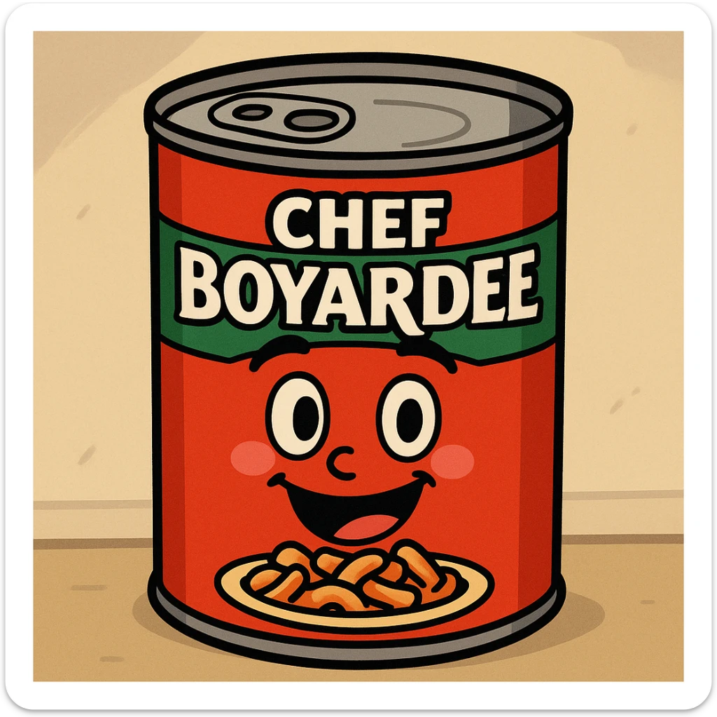 cartoon style can of Chef Boyardee pasta, bright colors, smiling face on the can, playful, simple background sticker