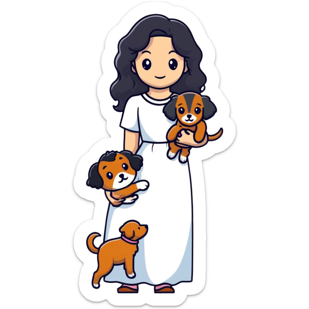 A beautiful girl with long black hair in a white dress holds a small brown curly-haired dog sticker