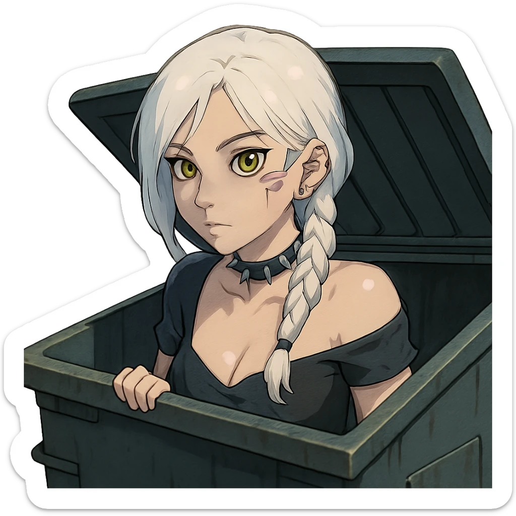 she is poking out from a garbage dumpster, a closeup portrait of young woman with gold yellow eyes, white hair, long braid, black off-shoulder top d-cup, punk gothic style, futuristic cyberwave cyberpunk, sticker