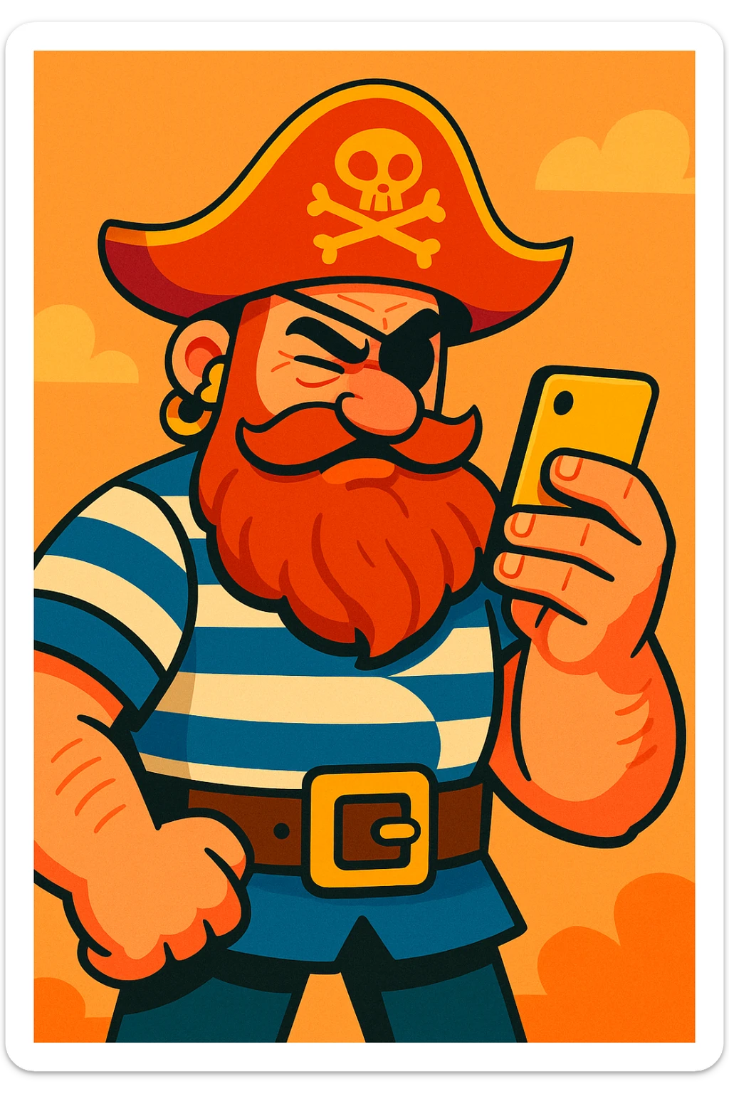 vibrant toon style pirate with a bushy beard and striped shirt, squinting at a phone, exaggerated features sticker