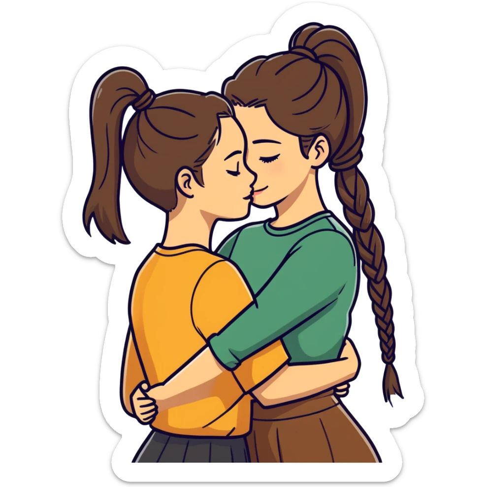 Comforting Hug two white skin women, one shorter woman with medium brown simple top ponytail, not braided, and one taller skinny sad face woman with a single long black side braid sticker
