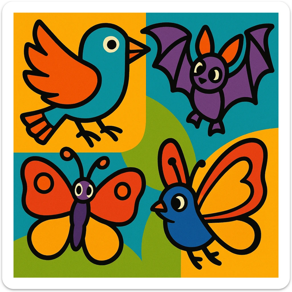a group of animals with wings including a bird, a butterfly, and a bat in vibrant toon style sticker
