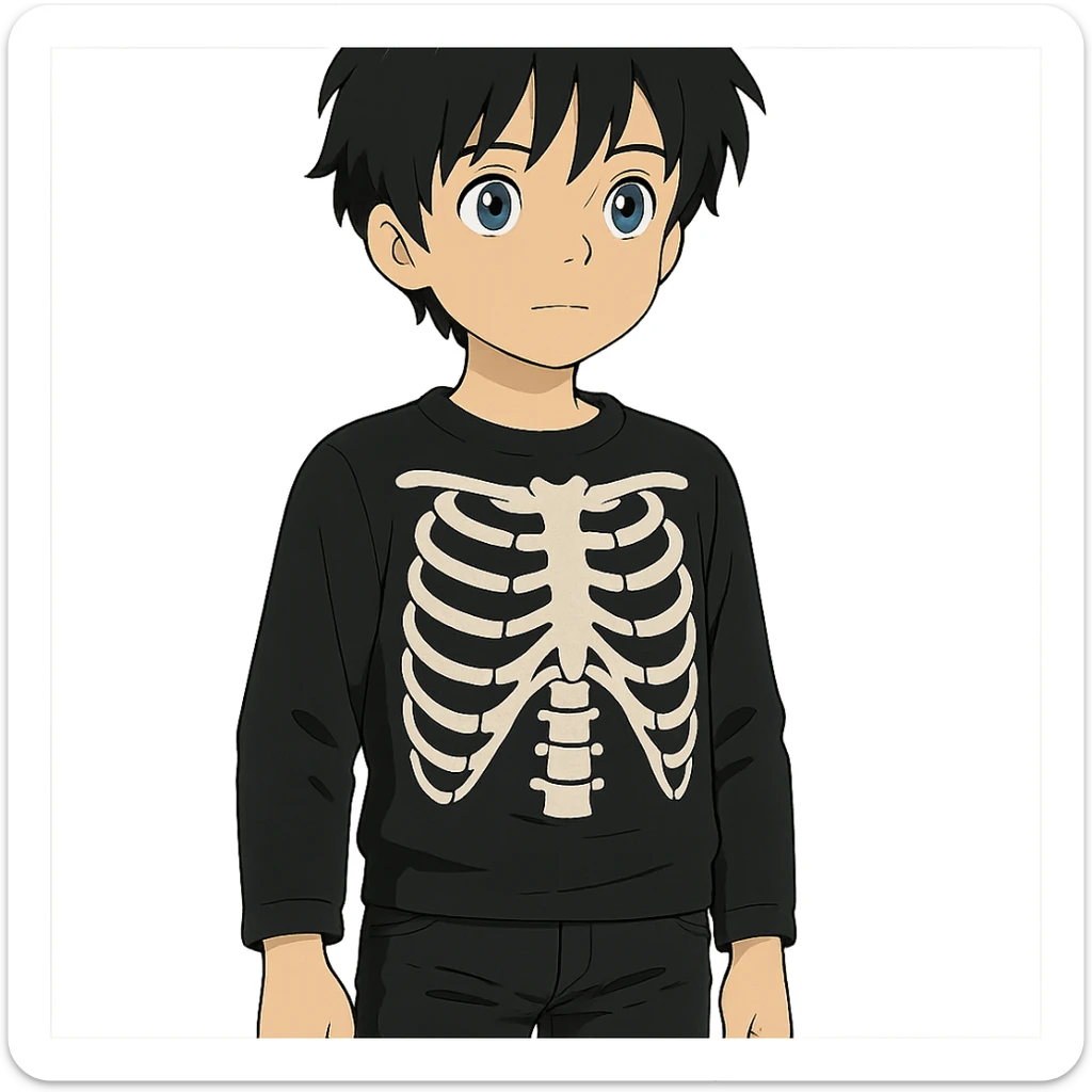 ghibli style black-haired, blue-eyed boy wearing a black skeleton top and ripped black jeans sticker