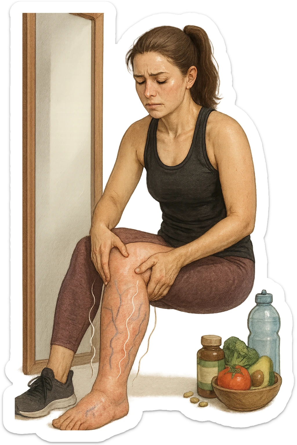 Donna tra i 25 e i 35 anni in abbigliamento sportivo, seduta o in piedi davanti allo specchio, mentre massaggia con forza le sue gambe gonfie, con espressione determinata ma affaticata. Intorno alle gambe si vedono simboli visivi di gonfiore e ritenzione (gambe leggermente arrossate, vene visibili, contorni delle gambe evidenziati da linee simboliche). Sullo sfondo: integratori naturali, alimenti sani e una bottiglia d’acqua, come strumenti di supporto. Atmosfera di lotta personale, luce neutra ma con accenti di speranza. Stile realistico e educativo sticker