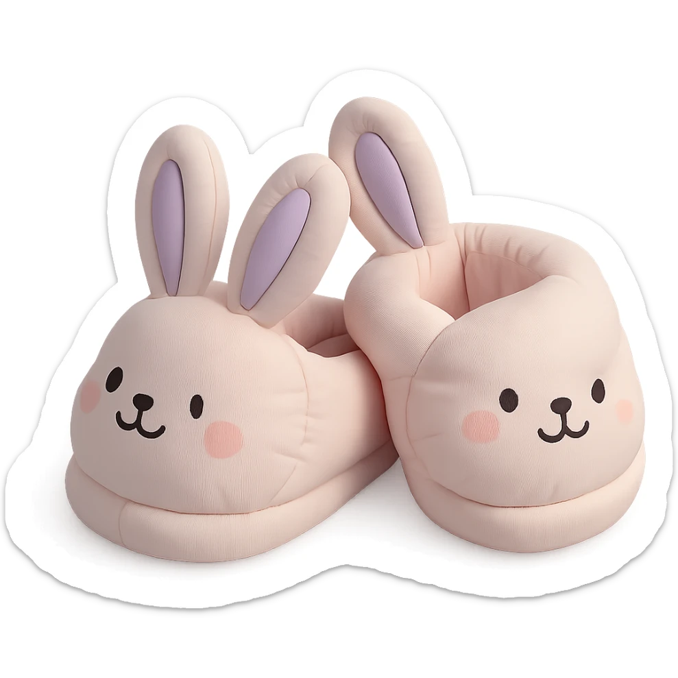 illustration of bunny slippers, soft and plush, pastel colors, cute faces, cushion style sticker