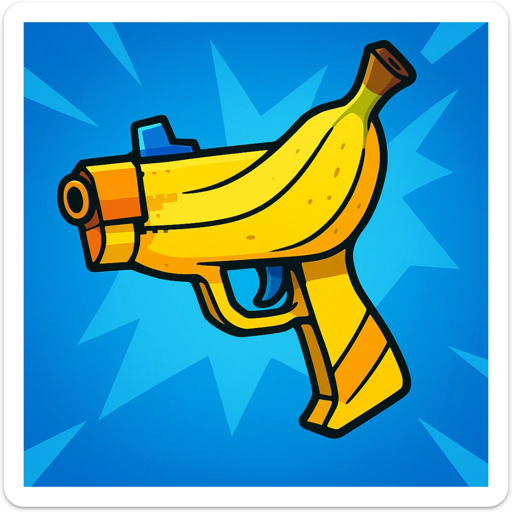 banana pistol in Fortnite style, vibrant colors, playful and dynamic, cartoonish proportions, energetic pose, bold outlines, fun and action-packed vibe sticker