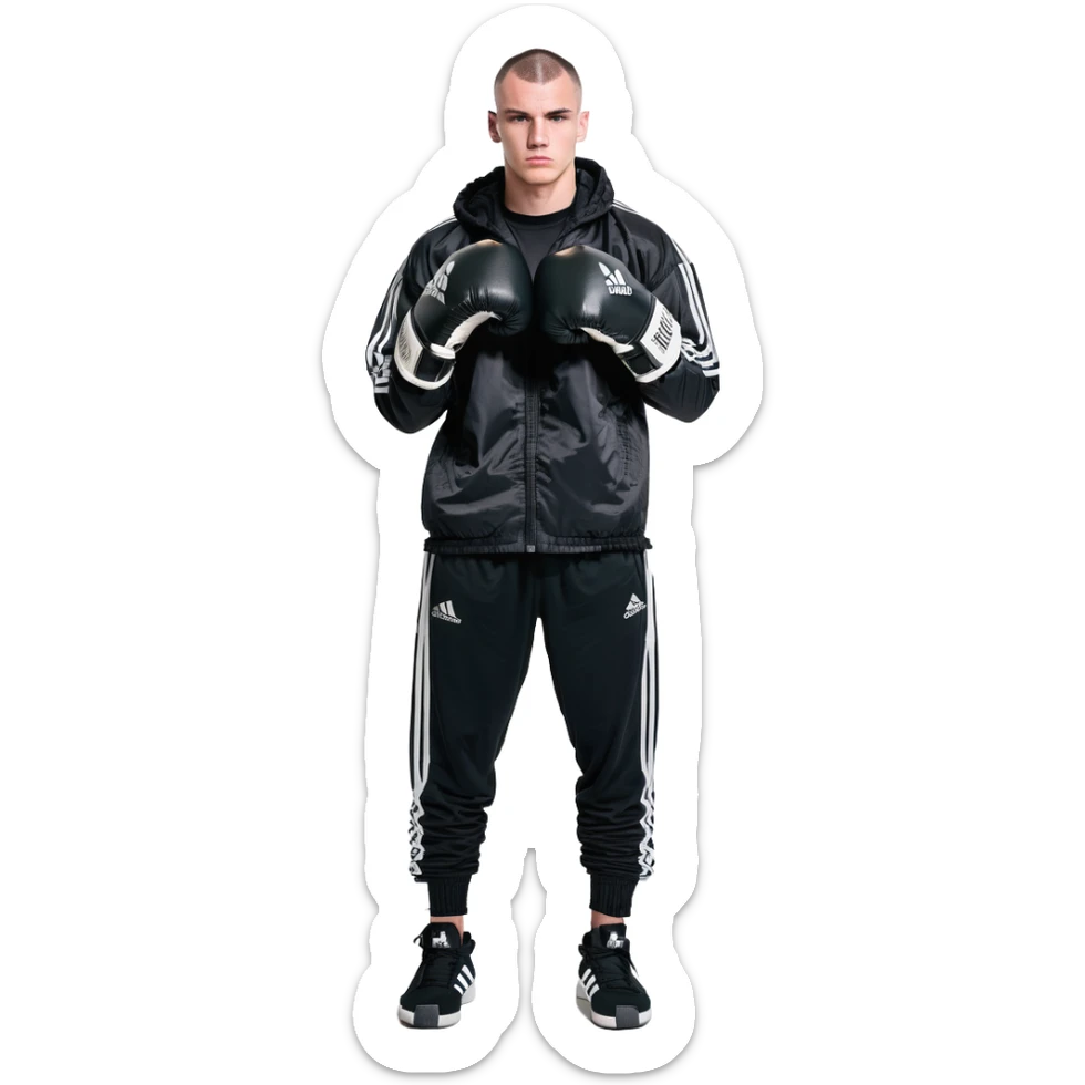 white man with dark hair, dark eyes, buzzcut faded haircut, 100kg boxer, wearing full black clothes, black adidas boxing gloves sticker