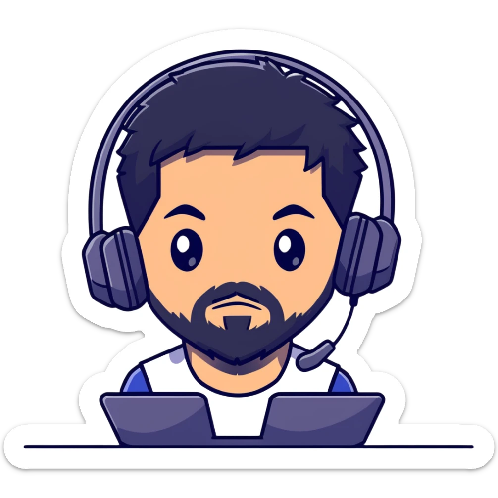 Detailed anime-style character with textured black hair, intense brown eyes, well-groomed black beard, and gaming headset with mic, dramatic anime lighting, detailed face sticker