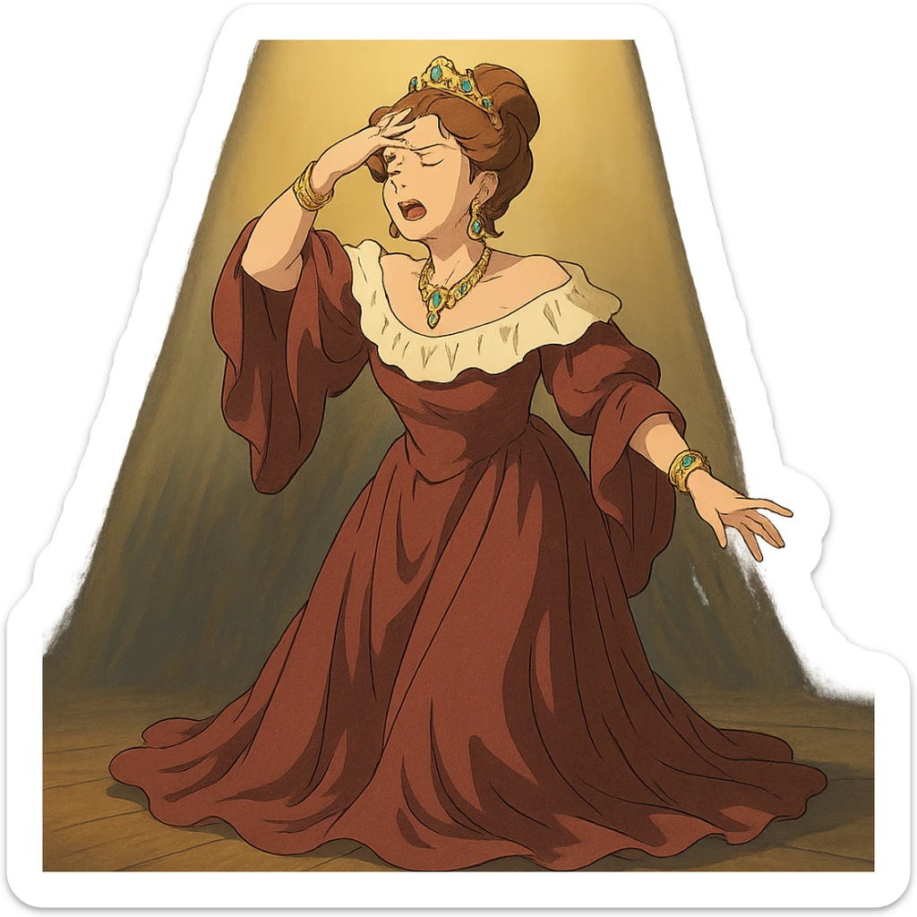 drama queen on stage, spotlight, flowing gown, hand to forehead, ornate jewelry sticker