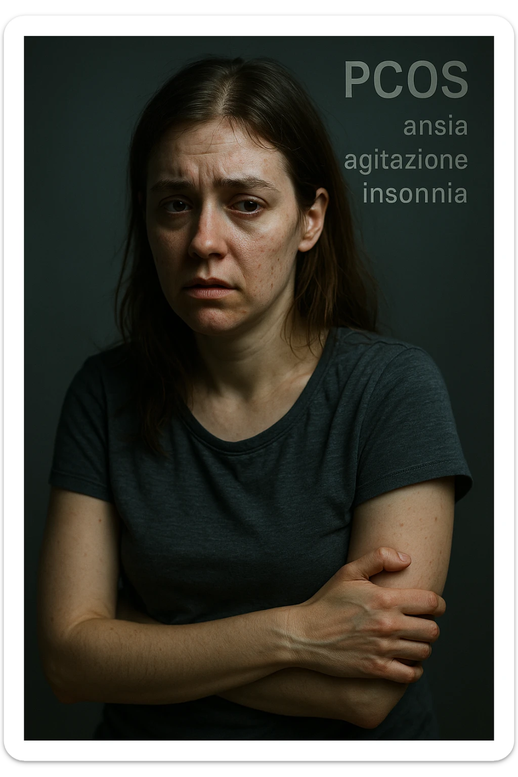 vertical realistic cinematic image of a woman with PCOS, anxiety, agitation, and insomnia evident in face and posture. Clinical dramatic lighting, Italian captions, aspect ratio 2:3 sticker